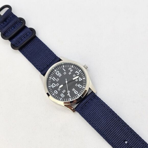 Men's Watch 42MM Large Case Black Dial Navy Blue Canvas Straps Field Watch - Picture 1 of 16